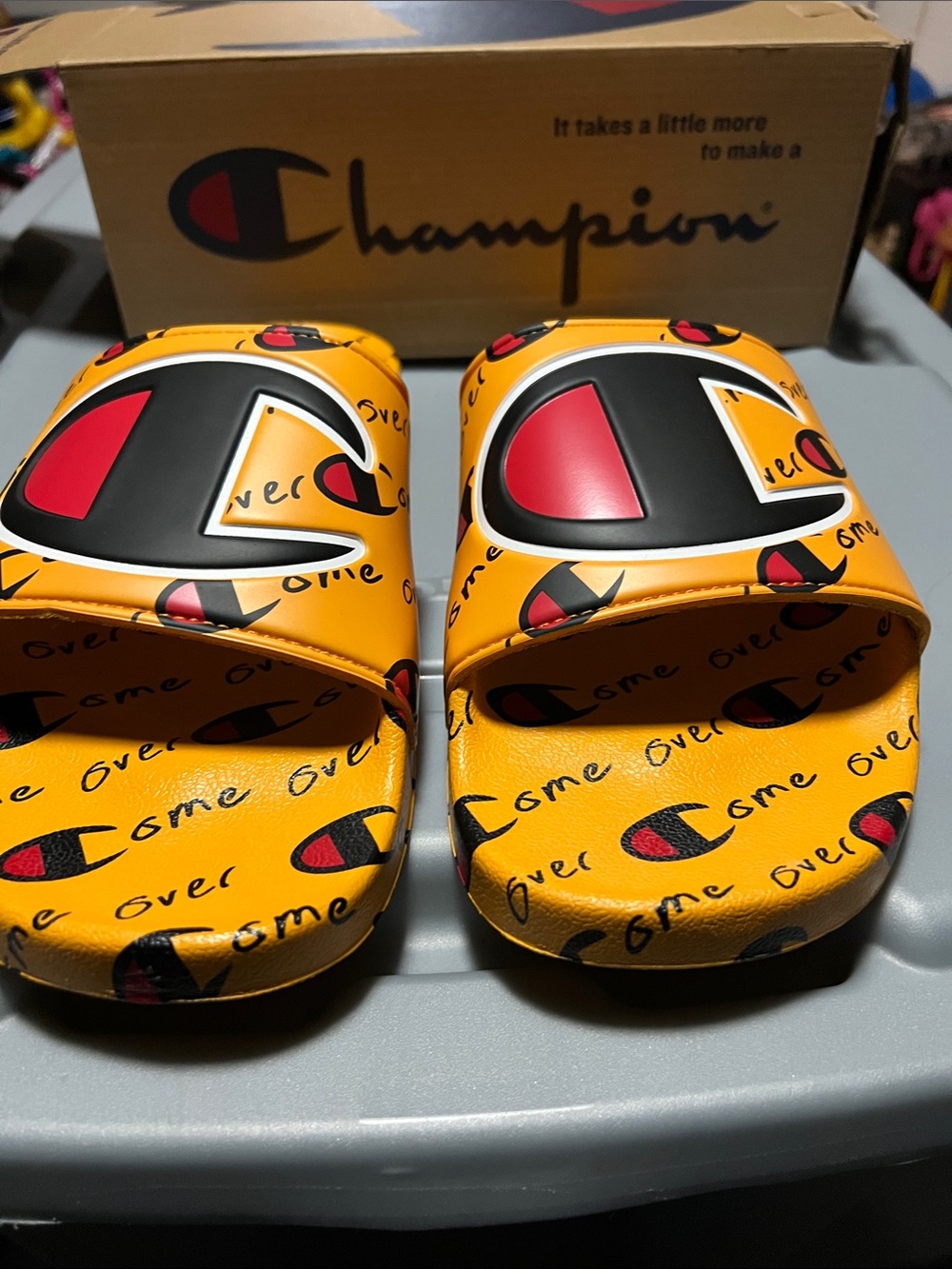 Champion Yellow Logo Graphic Slide Sandals Sz 14